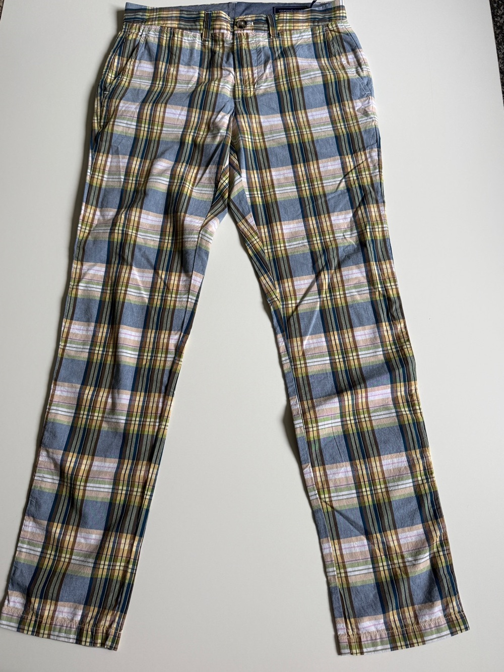 Vineyard Vines Men’s Plaid Cotton Chinos Pants in Blue, Yellow & Cream- 30 x 32